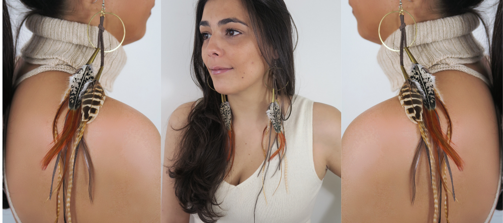 Native Brown Feather Earrings modeled by Sterling Laborie